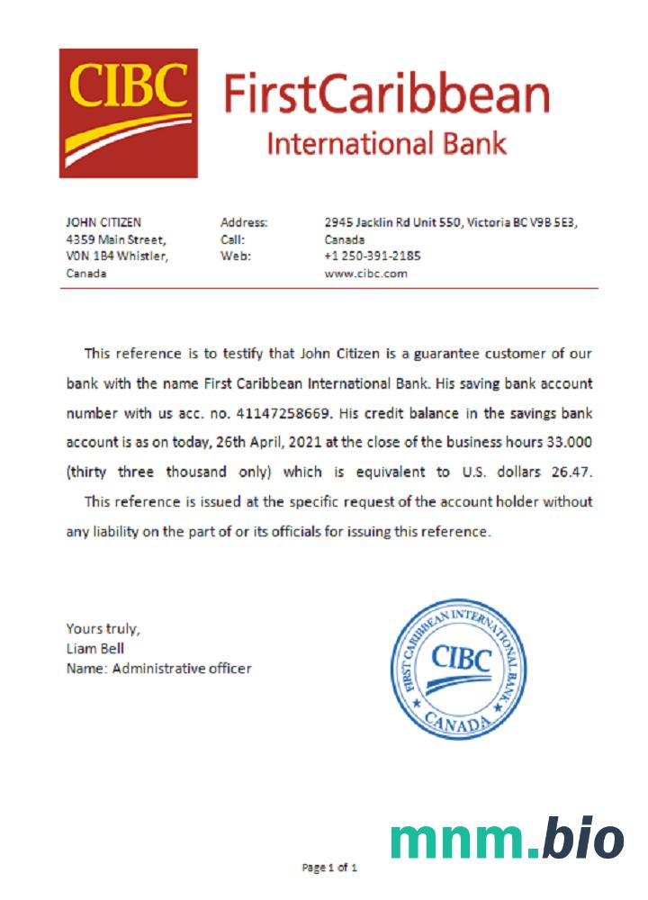 Przykład referencyjny Canada CIBC Bank w formatach Word i PDF